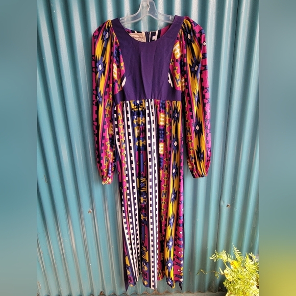 Vintage  Young Edwardian by Arpeja purple mosaic 70s party dress size 9 - Picture 1 of 10